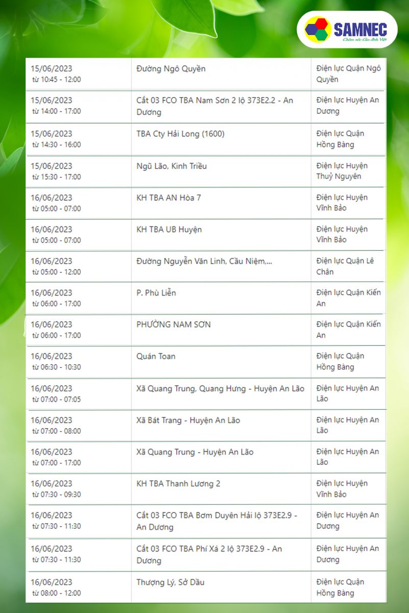 Lịch cắt điện Hải Phòng ngày 15-16 tháng 6