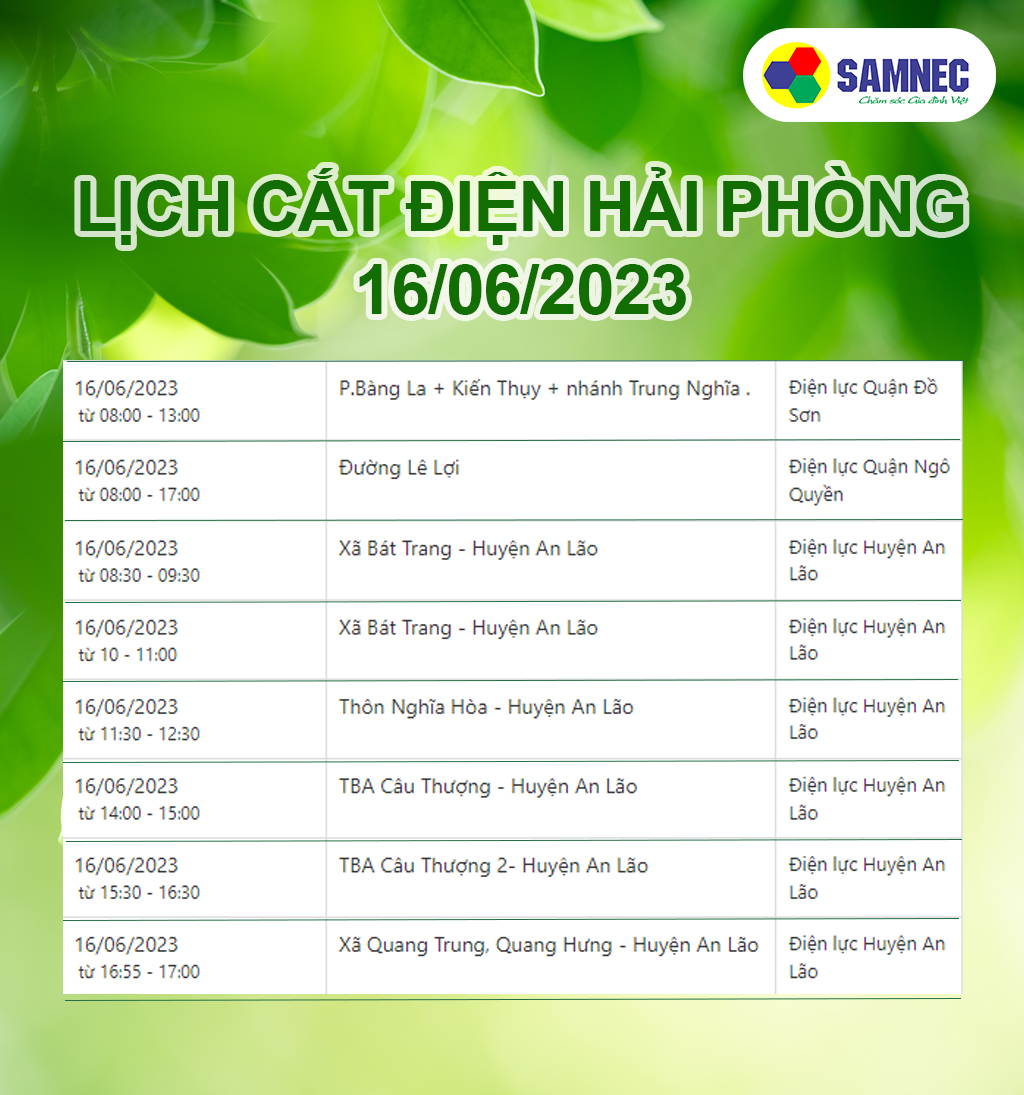 Lịch cắt điện ngày 15 và 16 tháng 6 tại hải phòng