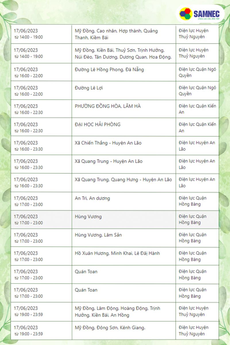 Lịch cất điện tại Hải Phòng mới nhất cuối tuần 17/6/2023