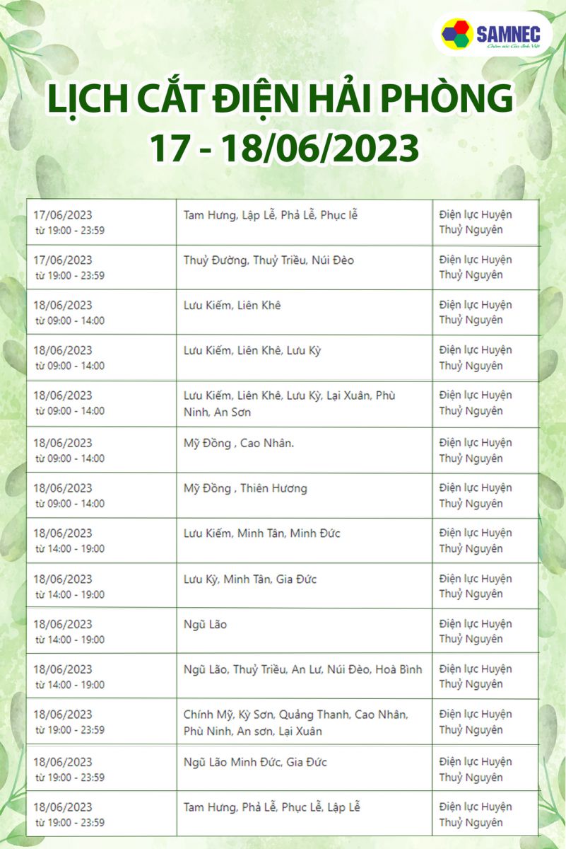 Lịch cắt điện ngày 17 và 18 tháng 6 năm 2023 tại Hải Phòng