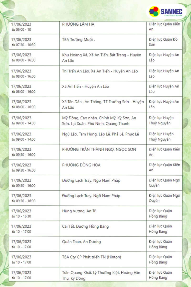 Lịch cắt điện tại Hải Phòng ngày 17 tháng 6 năm 2023