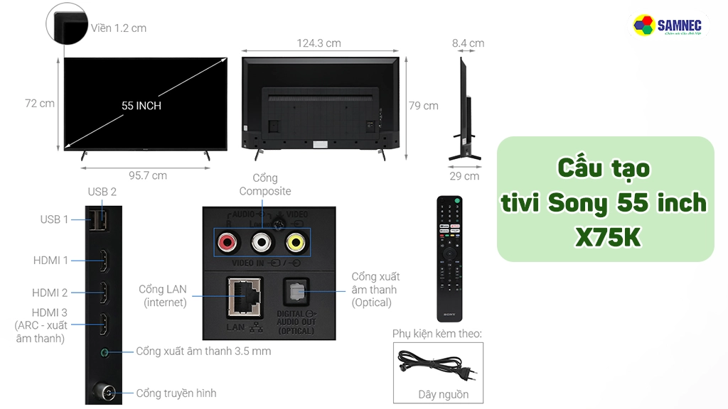 Cổng kết nối và màn hình tivi Sony X75K
