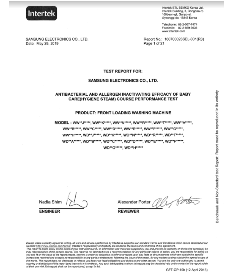 tổ chức Intertek chứng nhận hiệu quả giặt của máy giặt Samsung