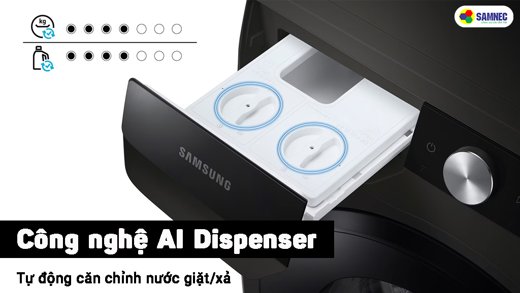 Công nghệ AI Dispenser tự động cân chỉnh nước giặt xả trên máy giặt sấy Samsung