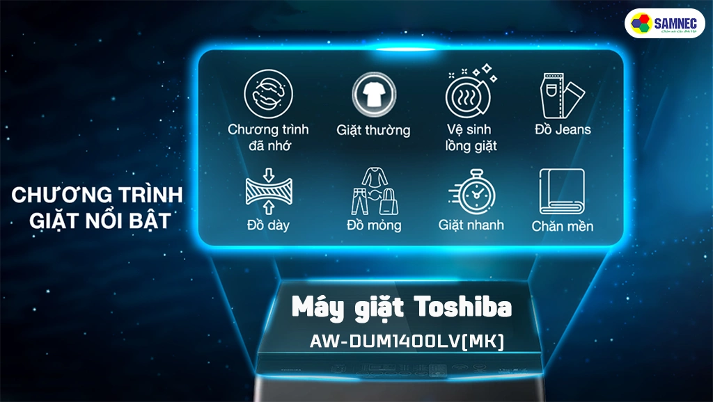 Cách chương trình giặt trên máy giặt Toshiba Inverter AW-DUM1400LV(MK)