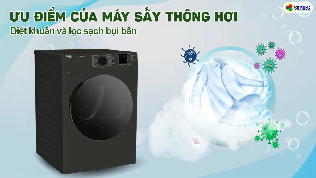 Máy sấy thông hơi giúp diệt khuẩn và lọc sạch sợi vải