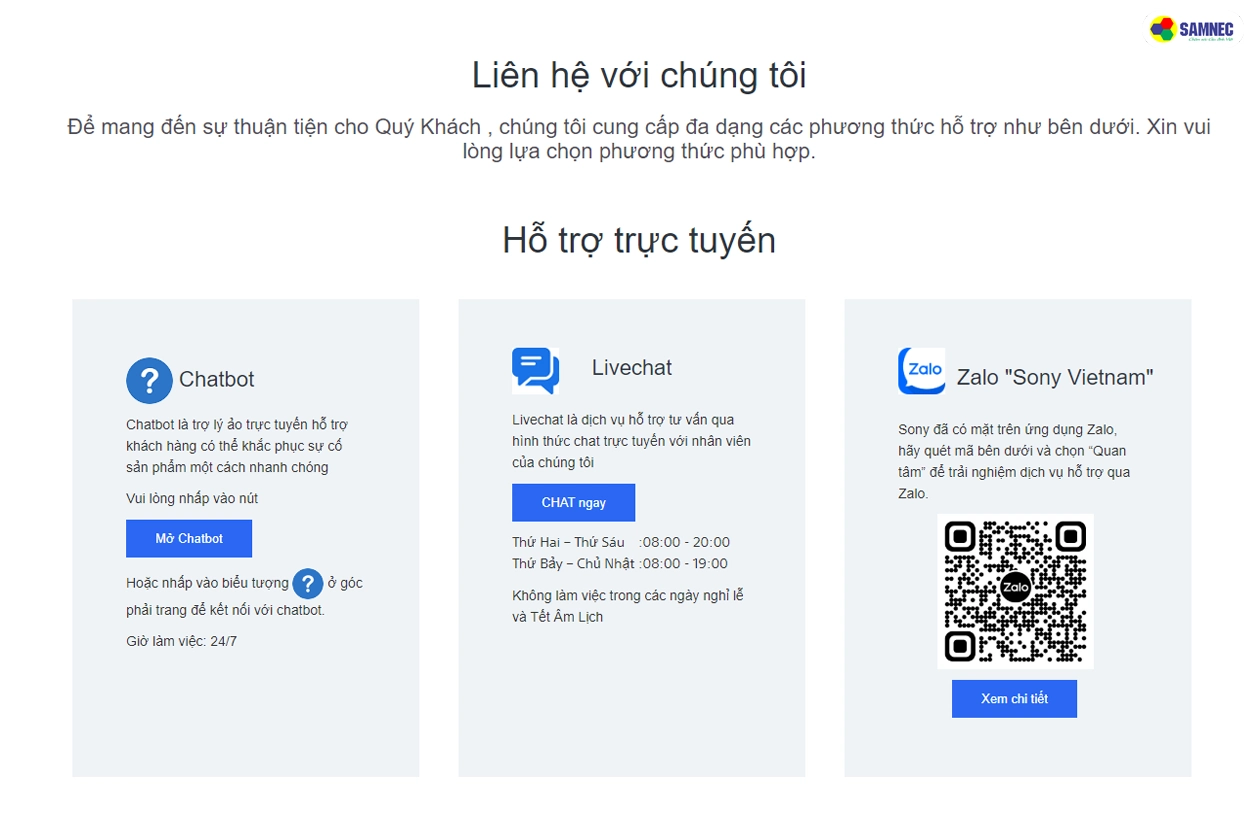 Truy cập vào trang hỗ trợ của Sony và chọn các hình thức liên hệ