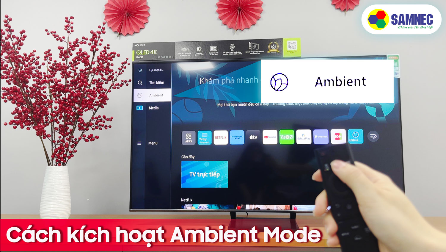 Ambient Mode, Smart tivi Samsung: Thăng hoa khả năng trang trí của bạn với Ambient Mode của Smart tivi Samsung! Hồi sinh không gian sống và biến nó thành một tác phẩm nghệ thuật với hình ảnh sống động hoặc hình nền ưa thích của bạn. Nó còn là một trợ thủ đắc lực để làm mới căn phòng của bạn!