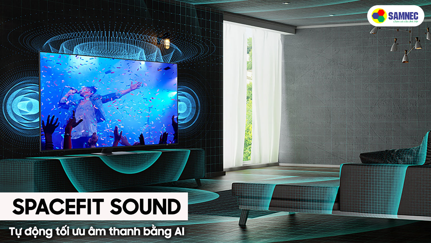  công nghệ bù âm theo không gian Spacefit Sound trên tivi samsung Q80B