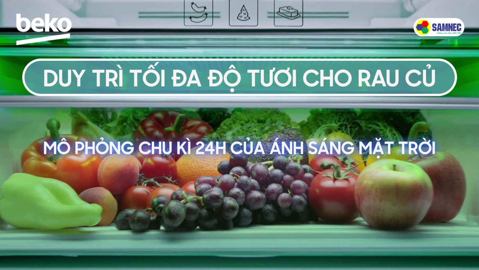 tủ lạnh Beko duy trì độ tươi ngon cho thực phẩm nhờ công nghệ ánh sáng vi chất 3 màu