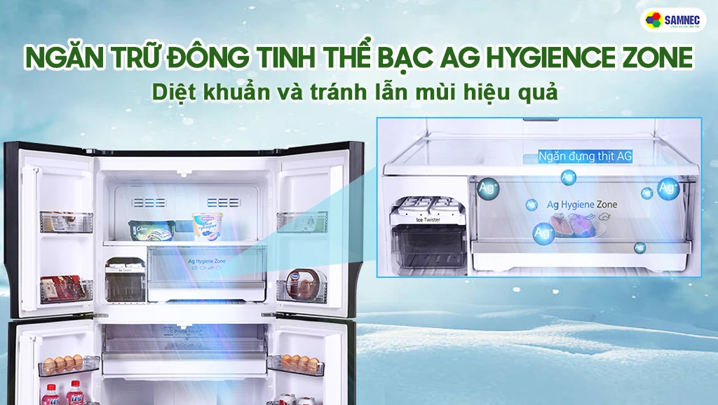 tủ lạnh pamasonic có ngăn trữ đông tinh thể bạc Ag Hygience Zone