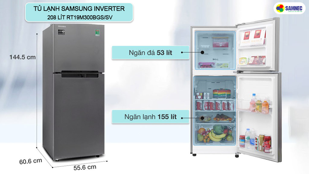 Thiết kế tủ lạnh Samsung giá rẻ Inverter 208 lít RT19M300BGS/SV