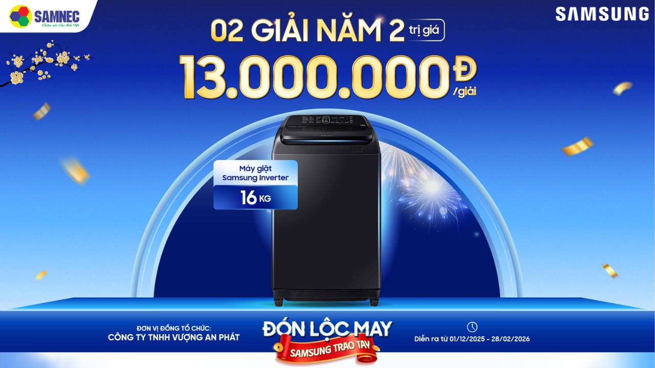 2 Giải Năm 2: Máy giặt Samsung Inverter 16 kg WA16R6380BV/SV trị giá 13.000.000 VNĐ