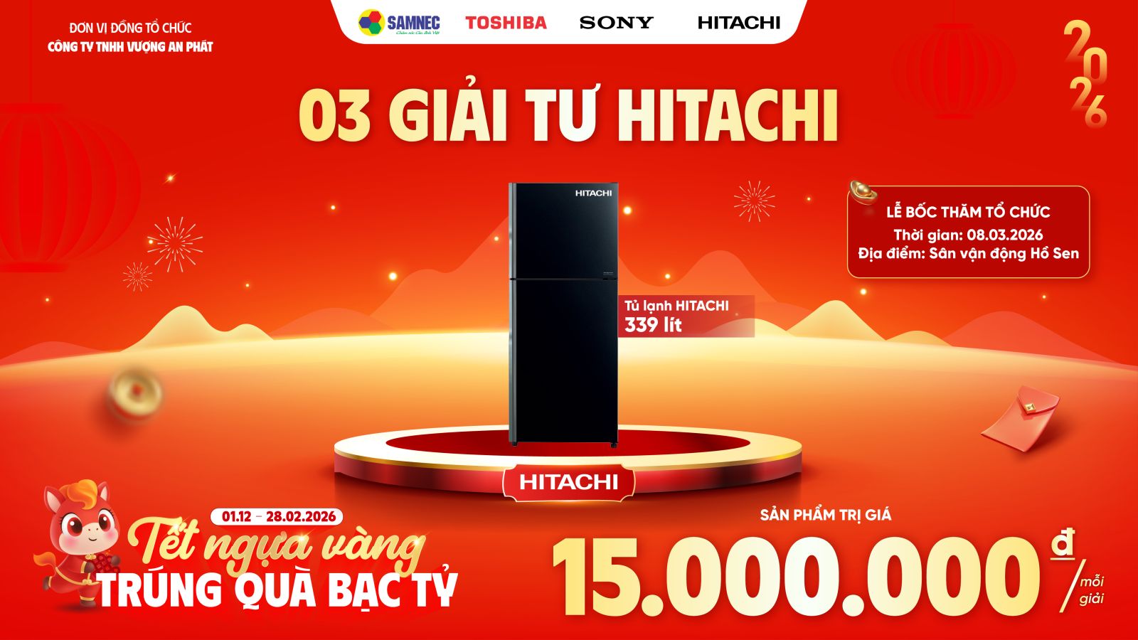 3 Giải Tư Hitachi: Tủ lạnh Hitachi Inverter 339 lít RFVX450PGV9 GBK trị giá 15.000.000 VNĐ