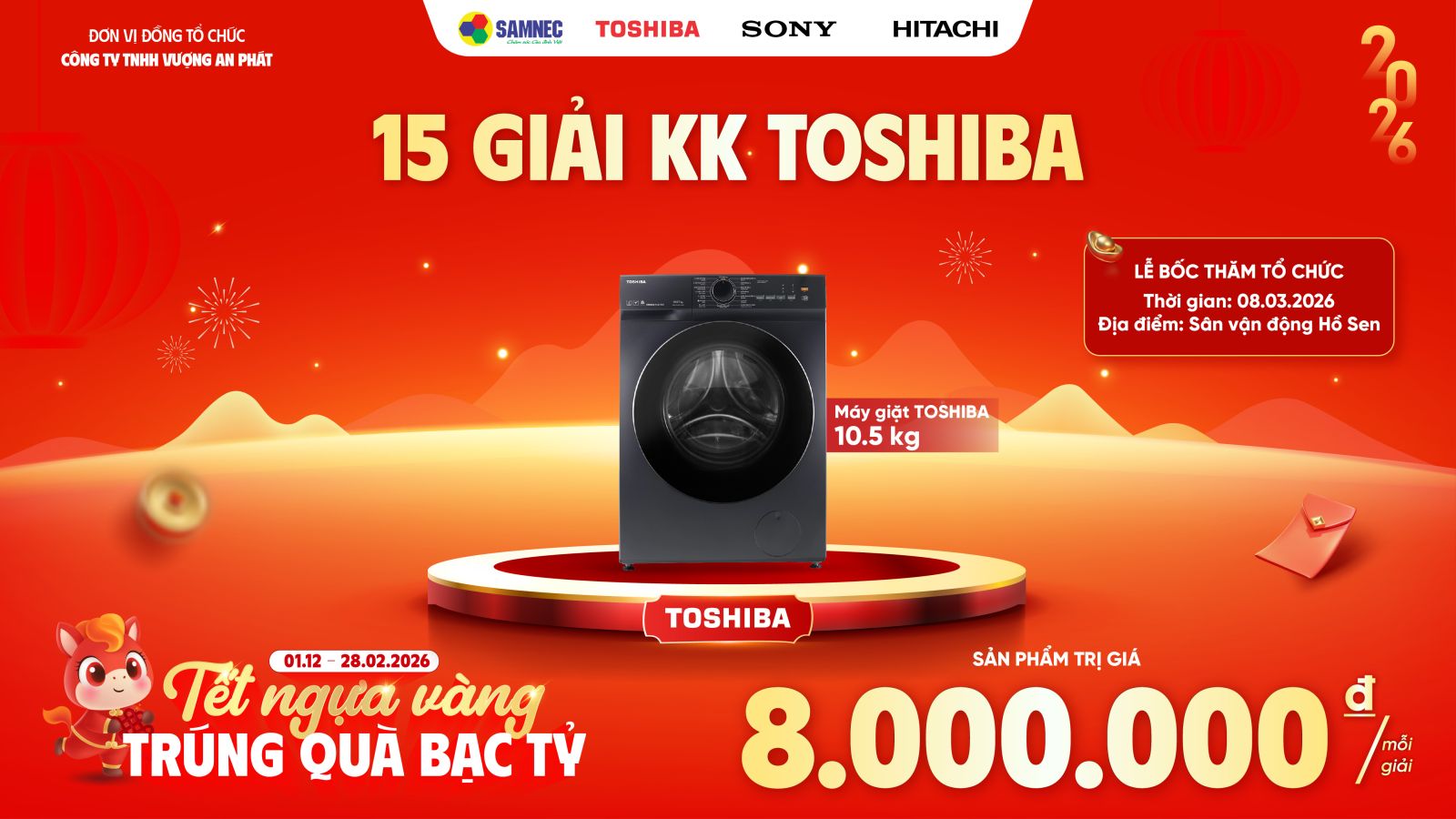 15 Giải Khuyến Khích Toshiba: Máy giặt Toshiba 10.5 Kg TWT21BU115UWV(MG) trị giá 8.000.000 VNĐ