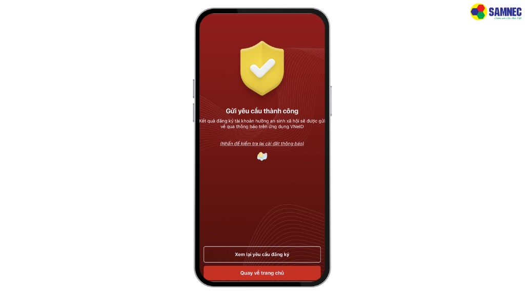 Khi hệ thống xác nhận, màn hình sẽ hiển thị thông báo đăng ký an sinh xã hội thành công.