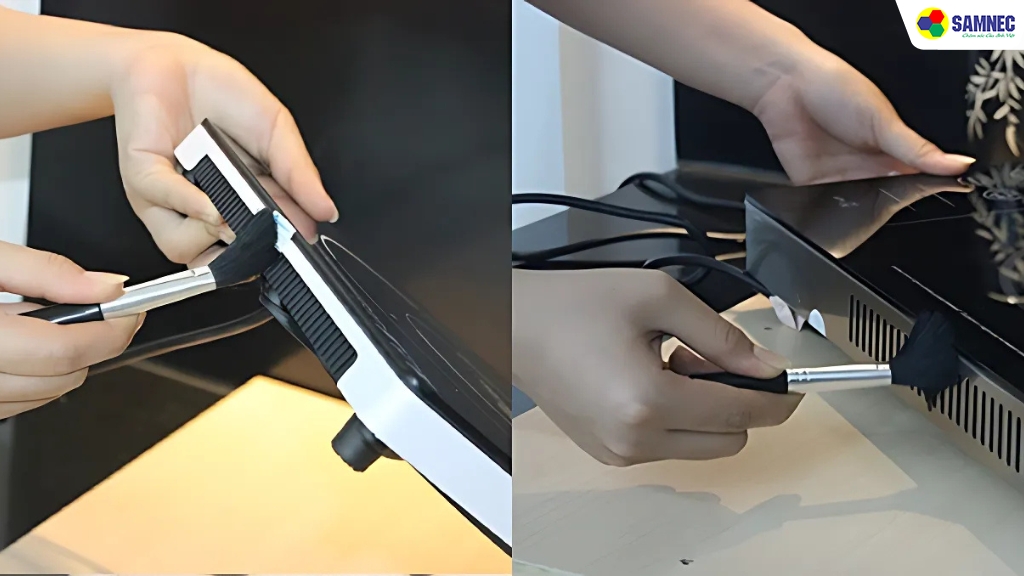 Sử dụng cọ mềm loại bỏ bụi bẩn bám xung quanh thành bếp