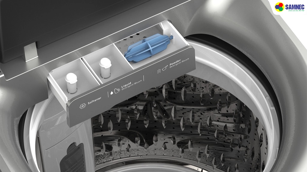 Bước 2: Làm sạch cho ngăn chứa nước giặt, xả