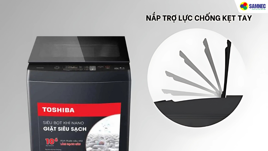 Nắp máy giặt Toshiba được làm bằng kính chịu lực
