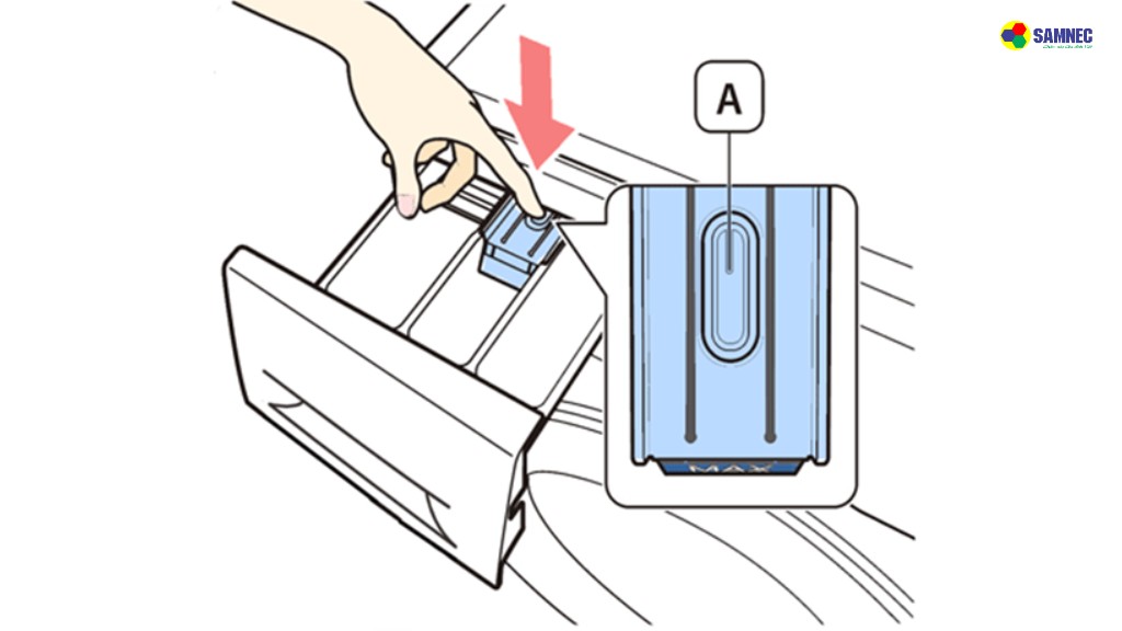 Đồng thời giữ nút [A] và kéo để lấy khay ra khỏi máy giặt.