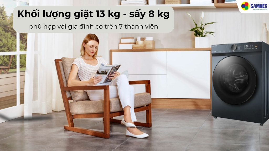 Máy giặt sấy Toshiba này có khối lượng giặt 13 kg và khối lượng sấy 8 kg