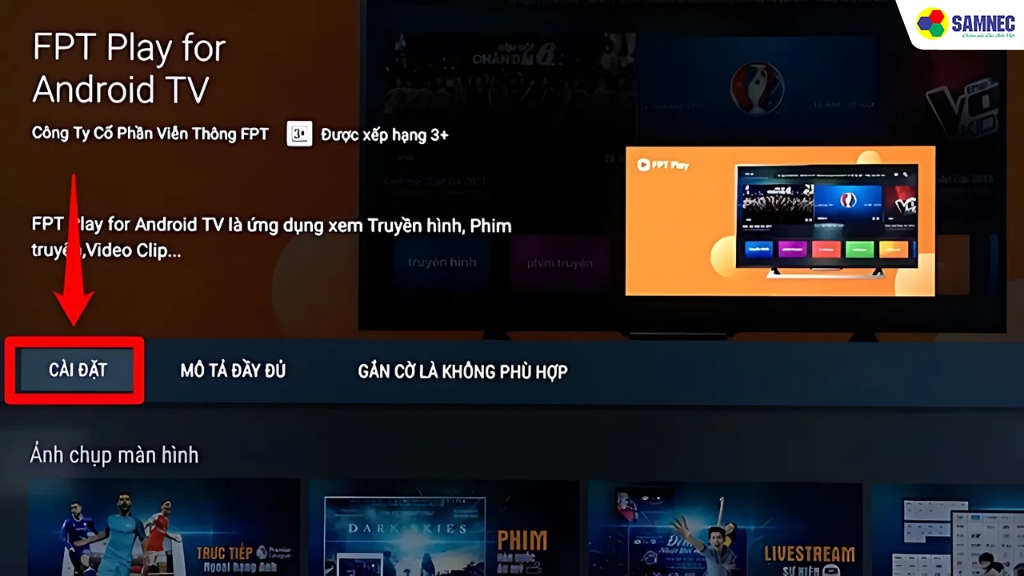 Chọn Cài đặt để tải FPT Play về tivi