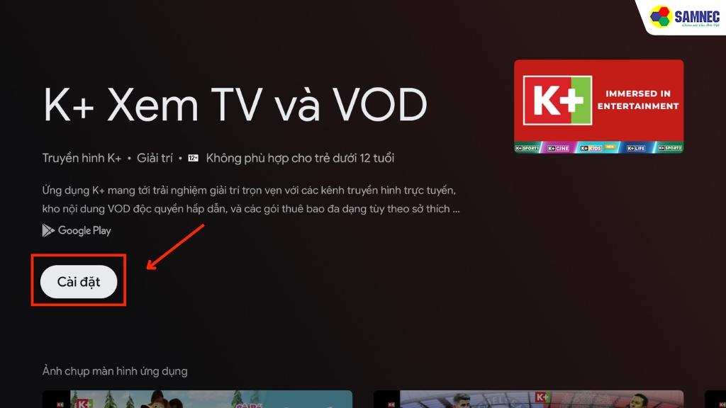 Nhấn Cài đặt để tải ứng dụng về tivi Sony