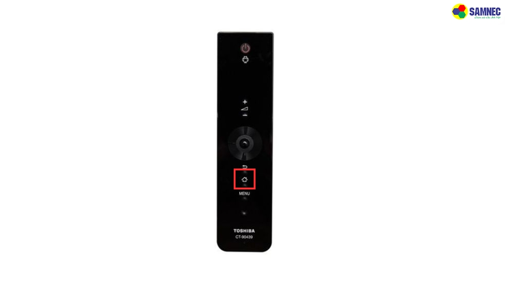 Bấm nút Home trên điều khiển tivi Toshiba.