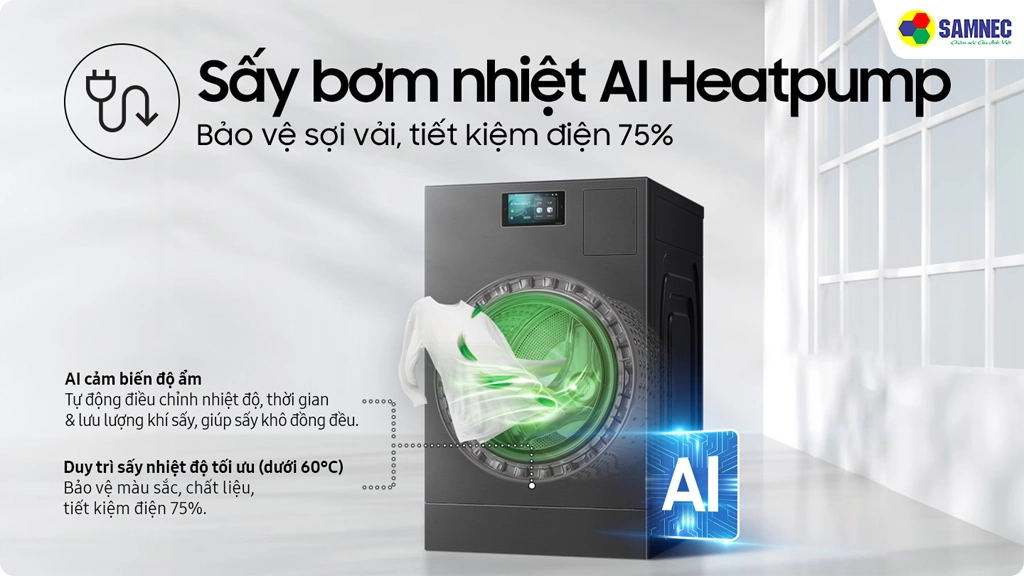 Máy giặt sấy bơm nhiệt Heatpump 25kg giặt 15kg sấy Samsung WD25DB8995BZSV- Công nghệ sấy