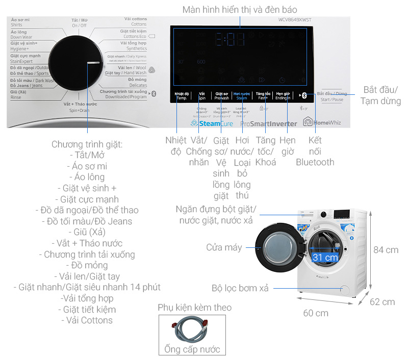 Thông số kỹ thuật Máy giặt Beko Inverter 8 kg WCV10649XWST
