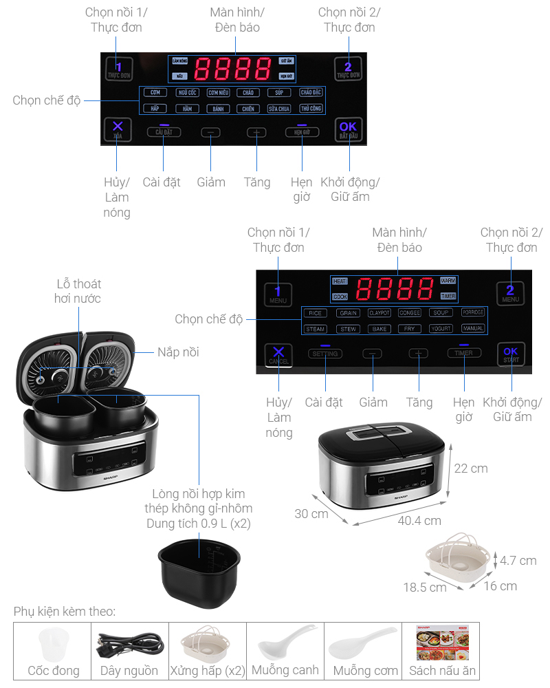 Thông số kỹ thuật Nồi cơm 2 ngăn đa năng Sharp 1.8 lít KN-TC50VN-SL Bạc