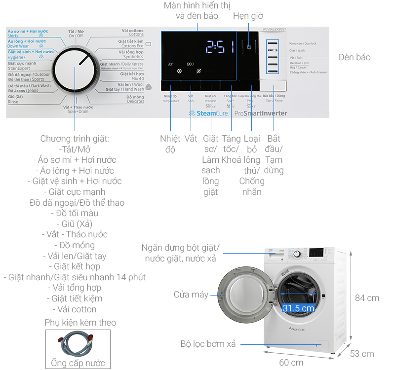 Thông số kỹ thuật Máy giặt Beko Inverter 8 kg WCV8612XB0ST