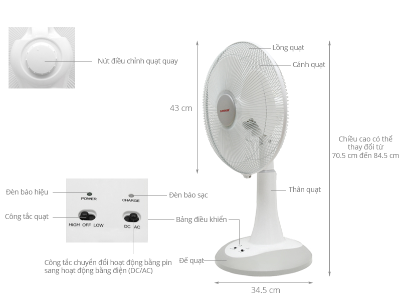 Thông số kỹ thuật Quạt sạc điện Sunhouse SH762