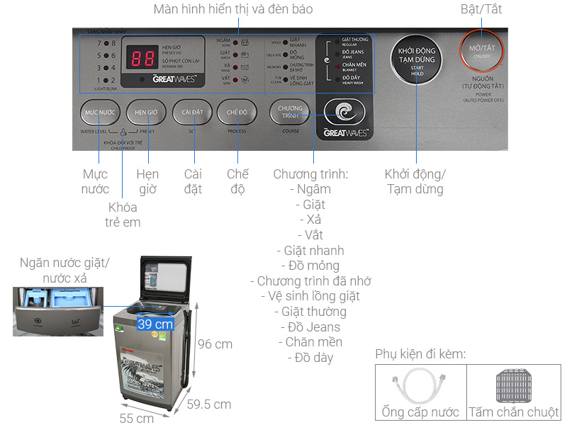 Thông số kỹ thuật Máy giặt Toshiba 8 kg AW-K905DV(SG)