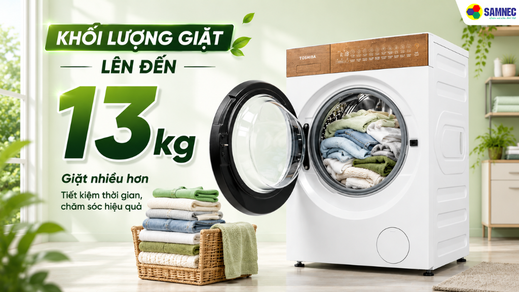 Máy giặt cửa trước Toshiba có khối lượng giặt khủng lên đến 13 kg