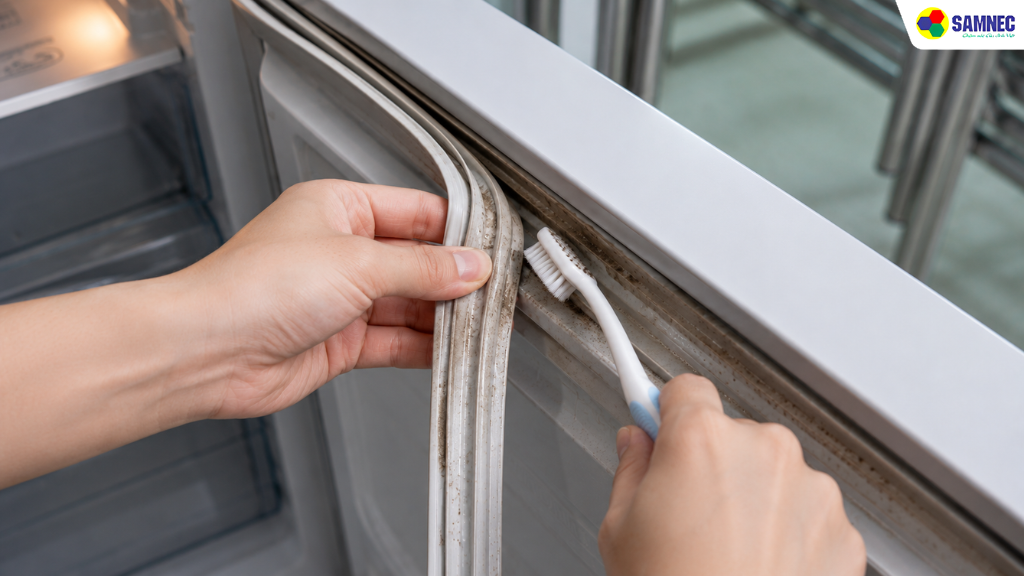 Dùng bản chải đánh sạch vết bẩn trên gioăng cao su