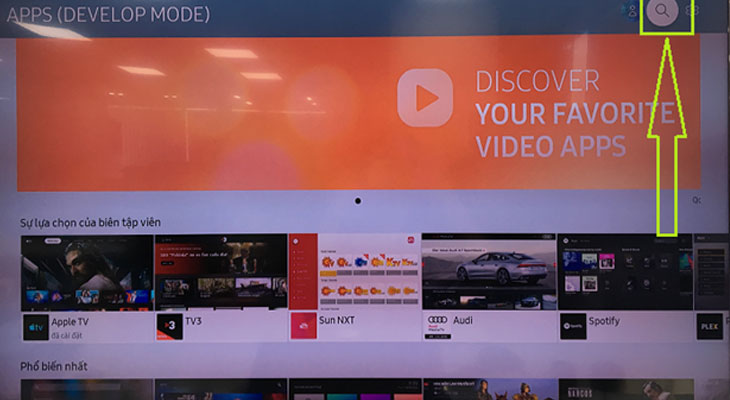 Kích hoạt gói xem phim miễn phí ClipTV trên Smart tivi Samsung - Chọn kính lúp tìm và tải ứng dụng ClipTV