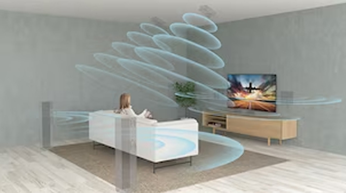 Hình ảnh phòng khách cho thấy âm thanh đa chiều với công nghệ 3D Surround Upscaling
