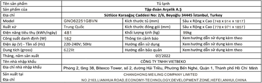 Thông tin sản phẩm tủ lạnh Beko GNO62251GBVN