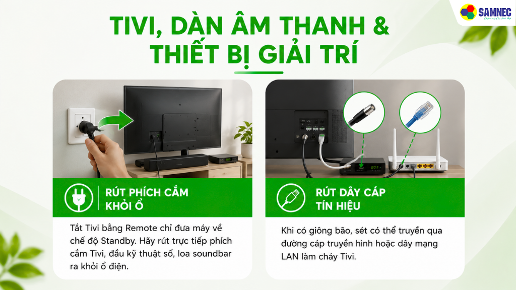 Tivi và các thiết bị điện tử sở hữu hệ thống bo mạch rất nhạy cảm nên hãy rút tất cả các phích cắm