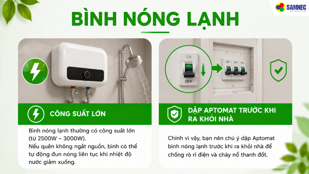 Bạn nên chú ý dập Aptomat bình nóng lạnh trước khi ra khỏi nhà để chống rò rỉ điện và cháy nổ thanh đốt