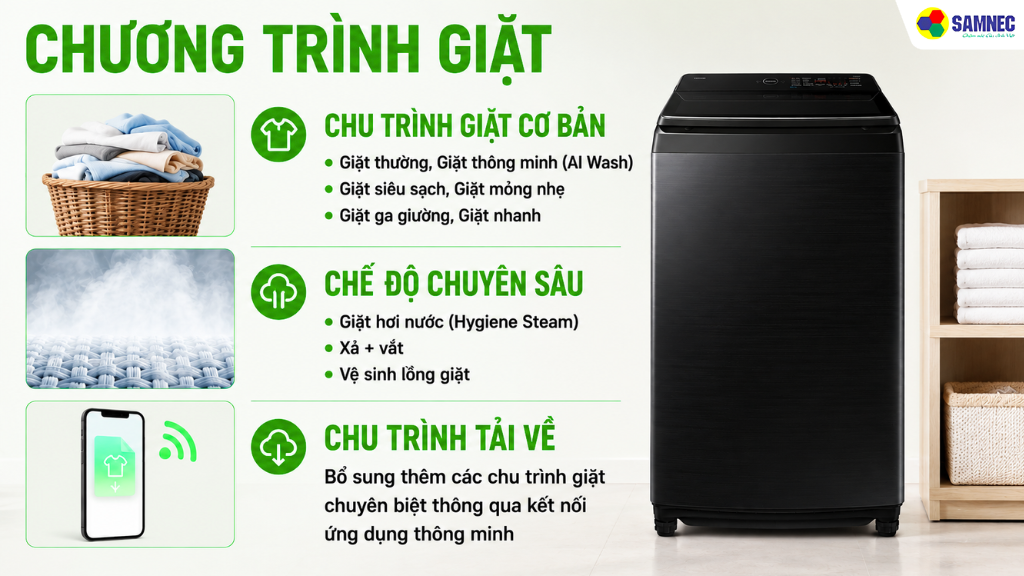 Máy giặt Samsung WA80F21B9BSV được thiết kế hệ thống chương trình giặt phong phú