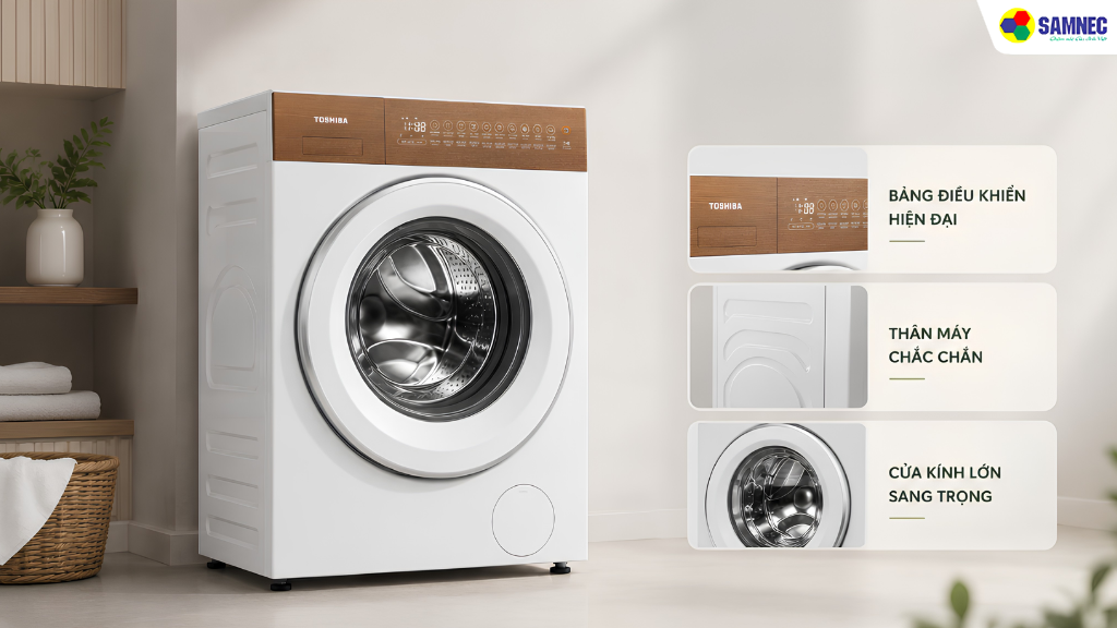 Máy giặt Toshiba TW-T37BZP115MWV(WT) thuộc dòng máy giặt cửa trước hiện đại với thiết kế Japandi tối giản