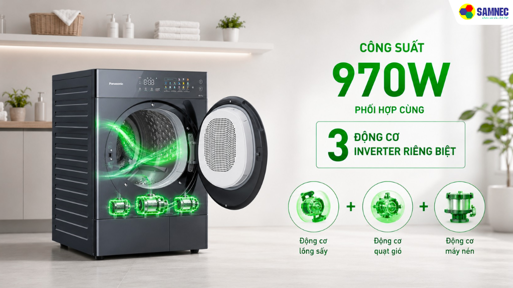 Máy sấy 10.5kg NH-XV21X1AVT vận hành với công suất 970W phối hợp cùng 3 động cơ Inverter riêng biệt