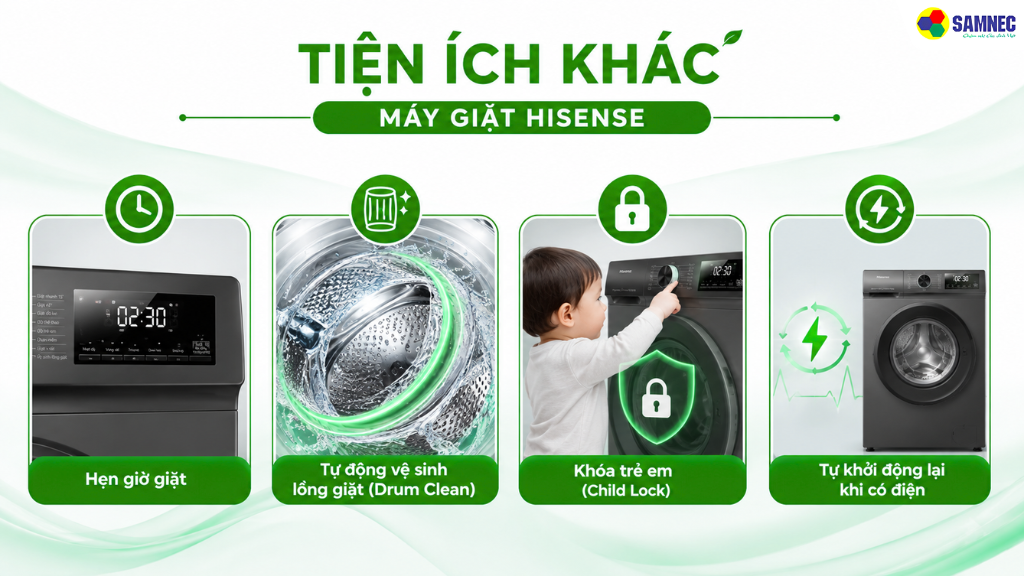 Đa dạng tiện ích của máy giặt Hisense