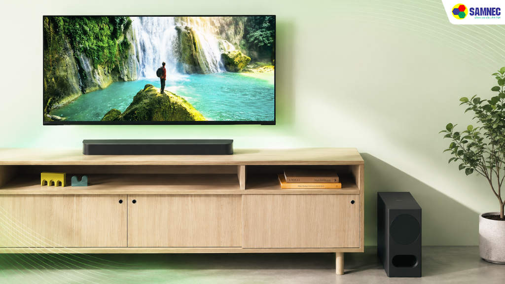 Loa thanh Sony sở hữu kiểu dáng tối giản, sang trọng với tông màu đen hiện đại