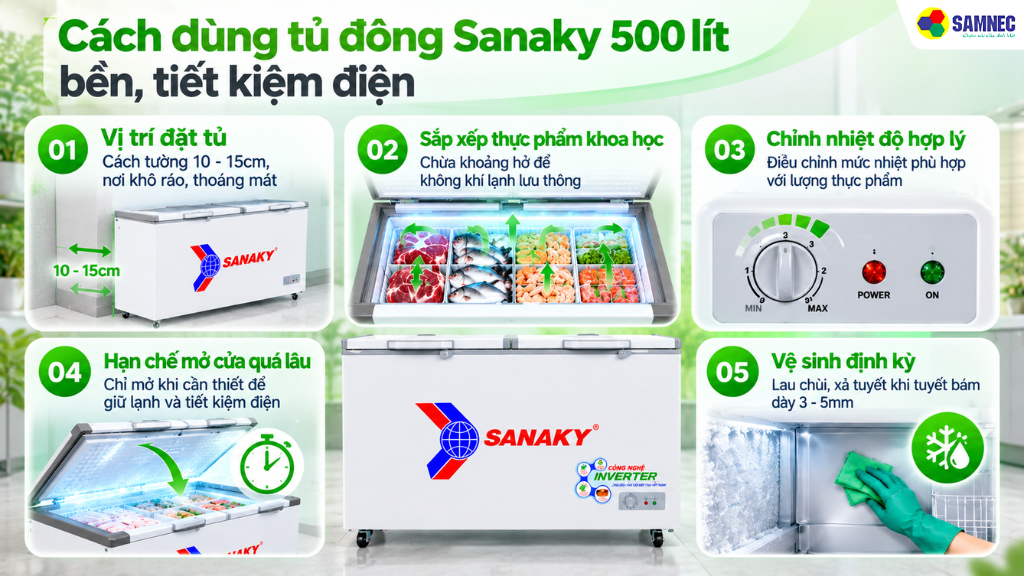Cách dùng tủ đông Sanaky 500 lít bền, tiết kiệm điện