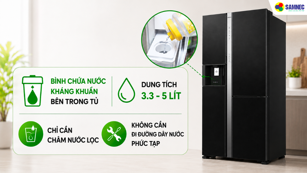 Tủ lạnh Hitachi lấy nước ngoài hiện nay sử dụng bình chứa nước kháng khuẩn bên trong tủ