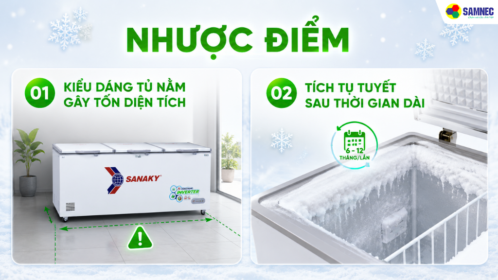 Tủ đông dáng ngang khá tốn diện tích và cần xả tuyết định kỳ