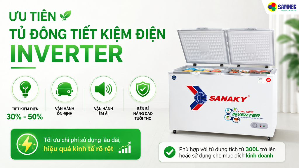 Do tủ đông vận hành liên tục 24/7, công nghệ Inverter là yếu tố quan trọng giúp tối ưu chi phí